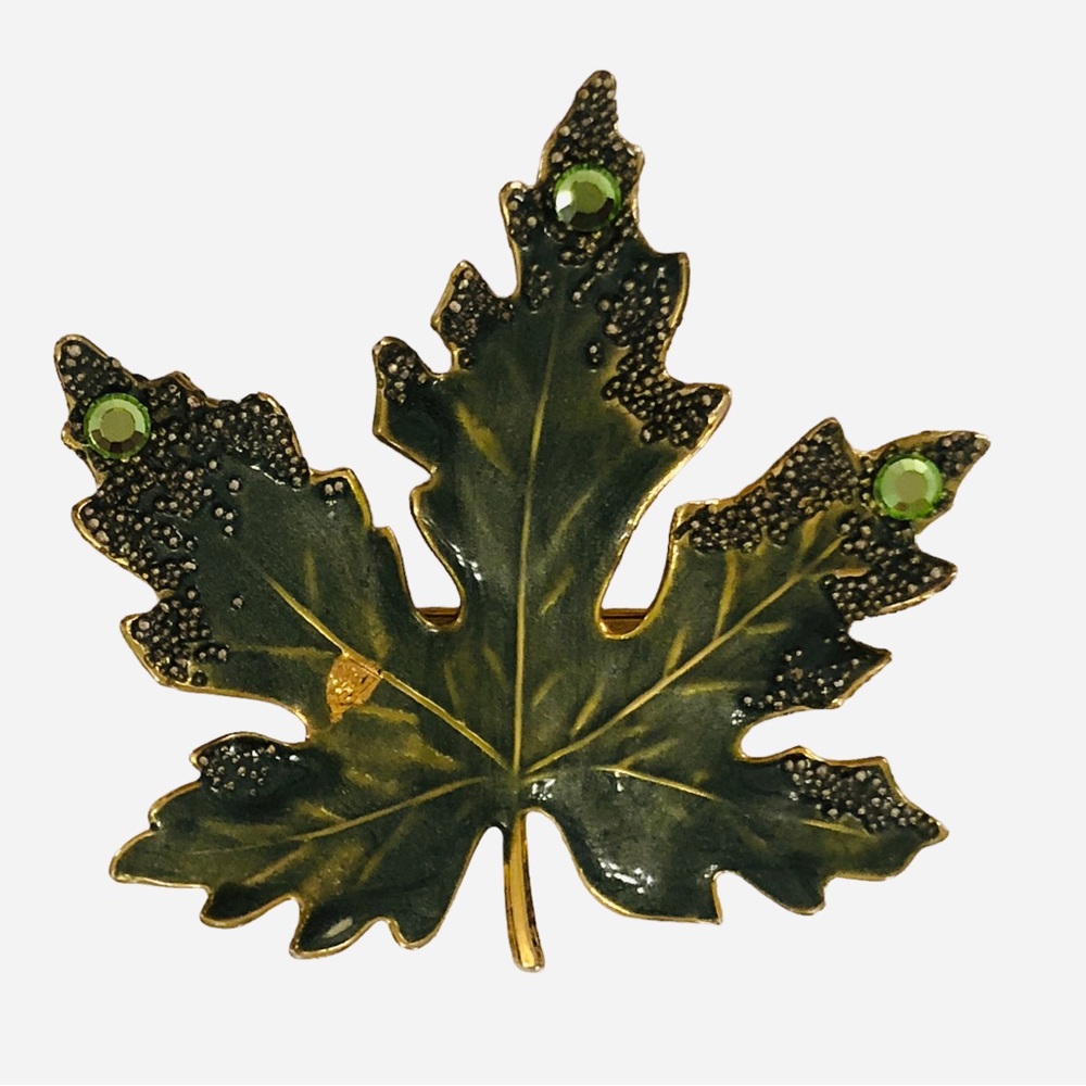 Vintage Detailed Green Enamel Leaf Brooch Pin - Picture 3 of 5